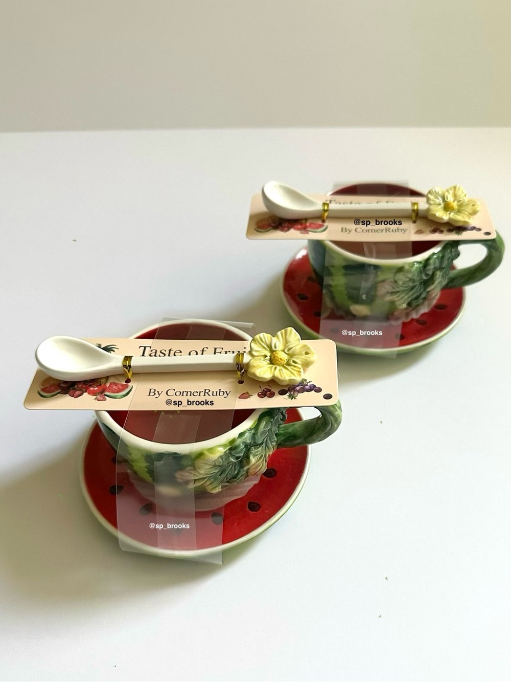 🎁3D CornerRuby Taste of Fruits Cup, Saucer and Spoon Set - Watermelon -Set of 2